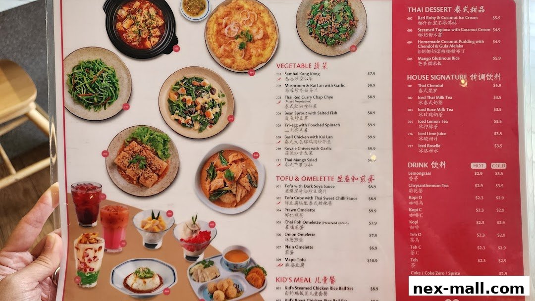 A menu featuring Thai dishes, desserts, and drinks with prices and descriptions in English and Chinese.
