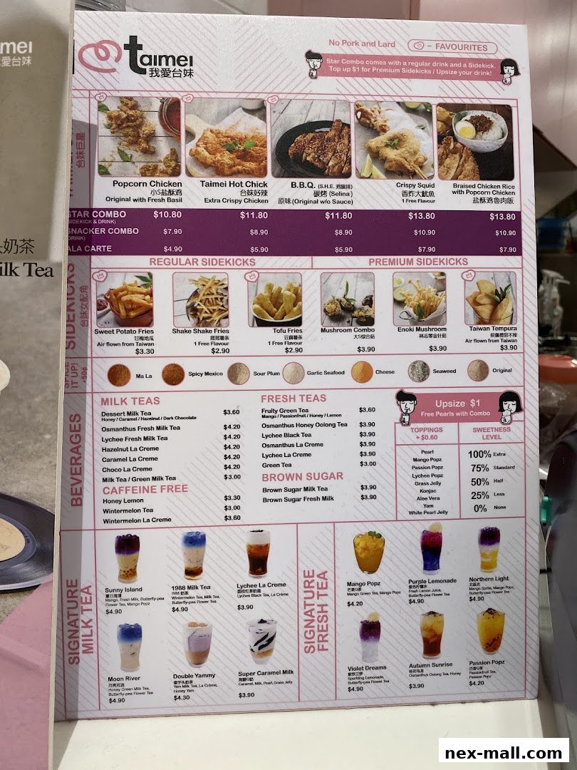 A menu from 'I Love Taimei' featuring various milk teas, fresh teas, sidekicks, and combos.