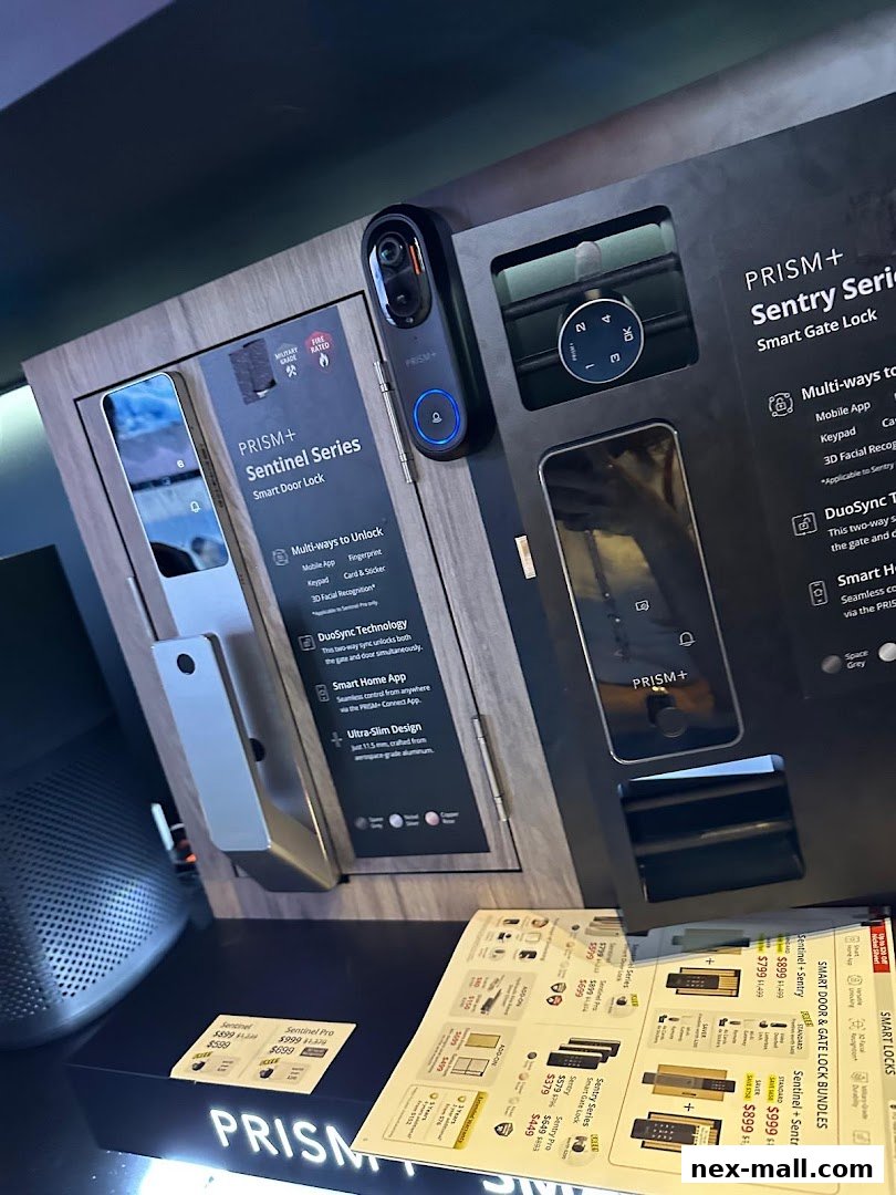 Display of PRISM+ smart door and gate locks with product information and pricing.