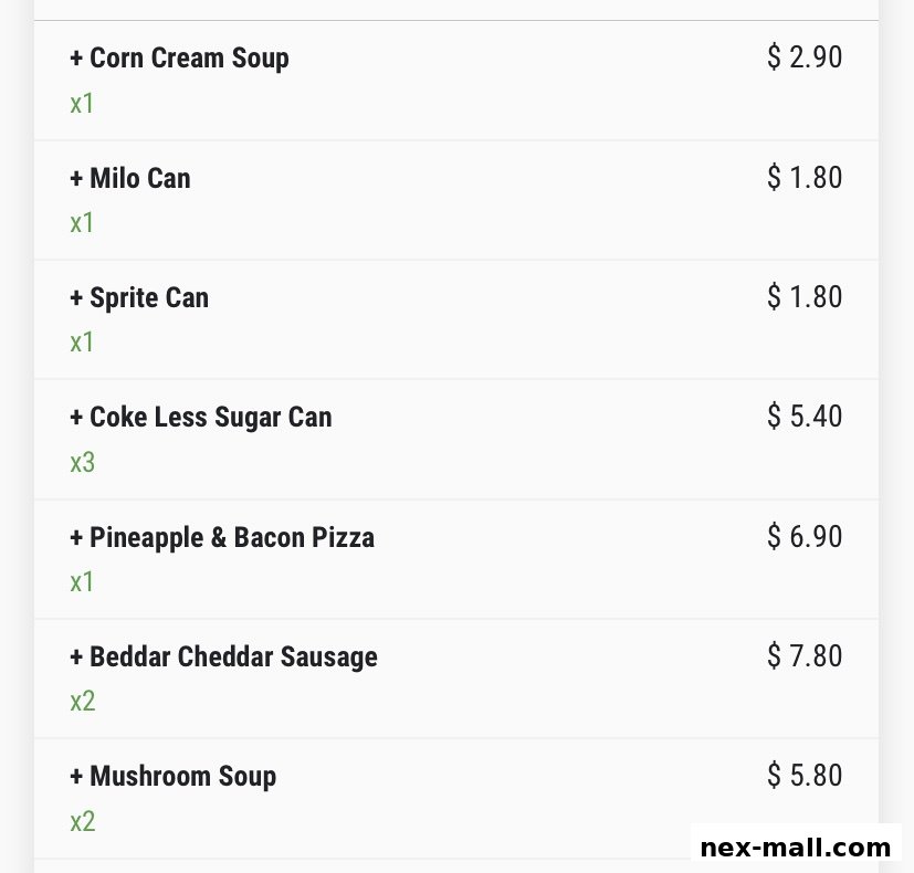 A list of food and drink items with their prices and quantities.