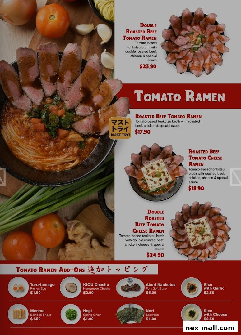 A menu showcasing various ramen dishes with beef and tomato broth, plus add-ons.