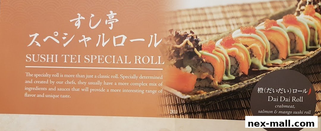 A close-up of a Sushi Tei specialty roll with salmon, crabmeat, and mango.