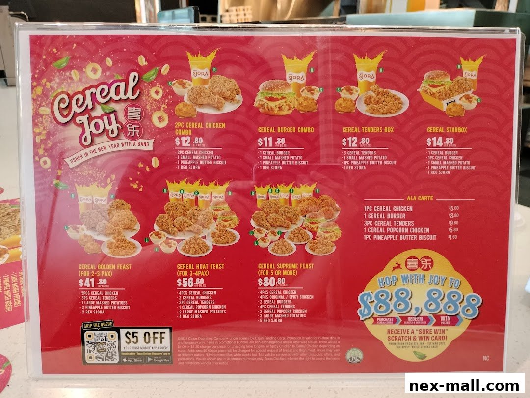 A menu board for Texas Chicken featuring 'Cereal Joy' themed meals and promotions.