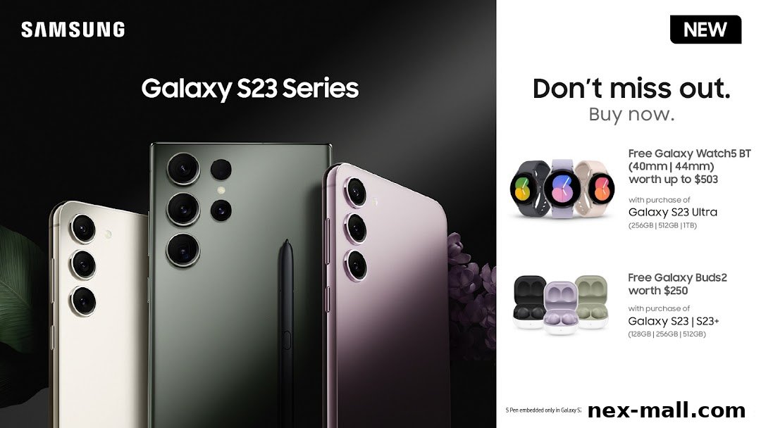Samsung Galaxy S23 Series phones with promotional offers for Galaxy Watch and Buds.