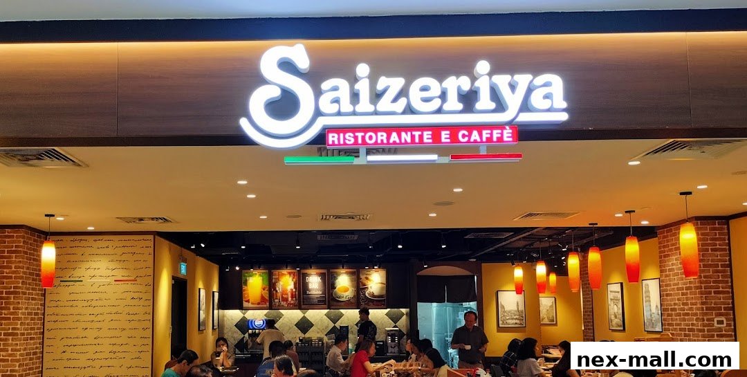 The exterior of Saizeriya Ristorante e Caffè with customers dining inside.