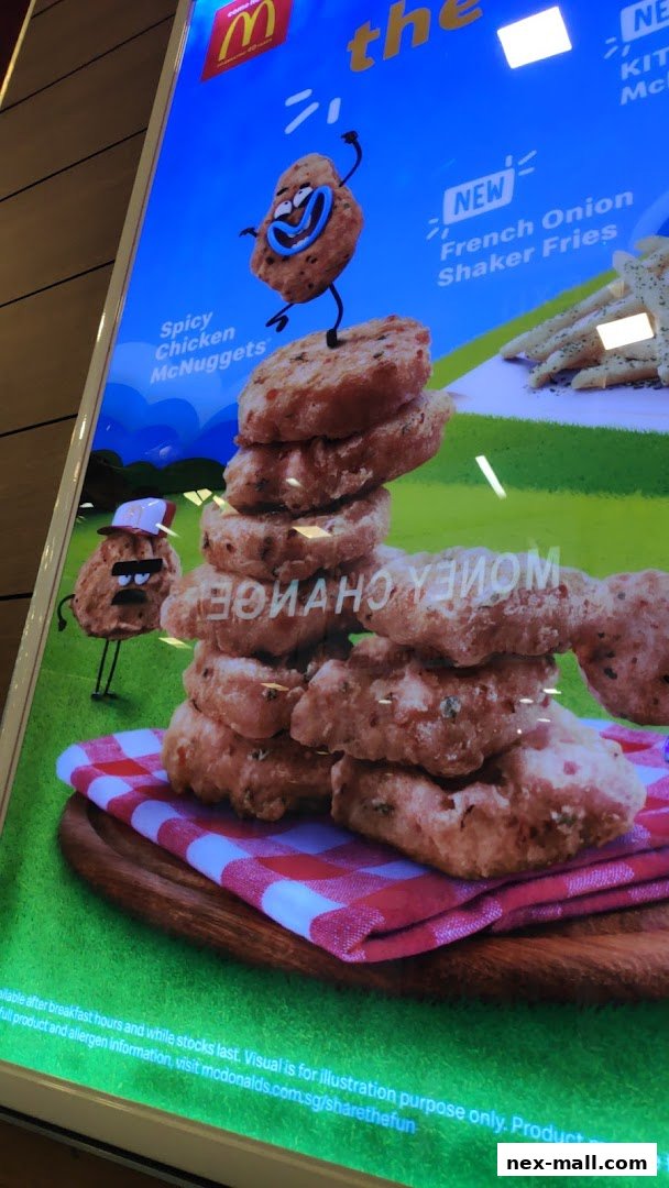 McDonald's advertisement featuring Spicy Chicken McNuggets and French Onion Shaker Fries with cartoon characters.