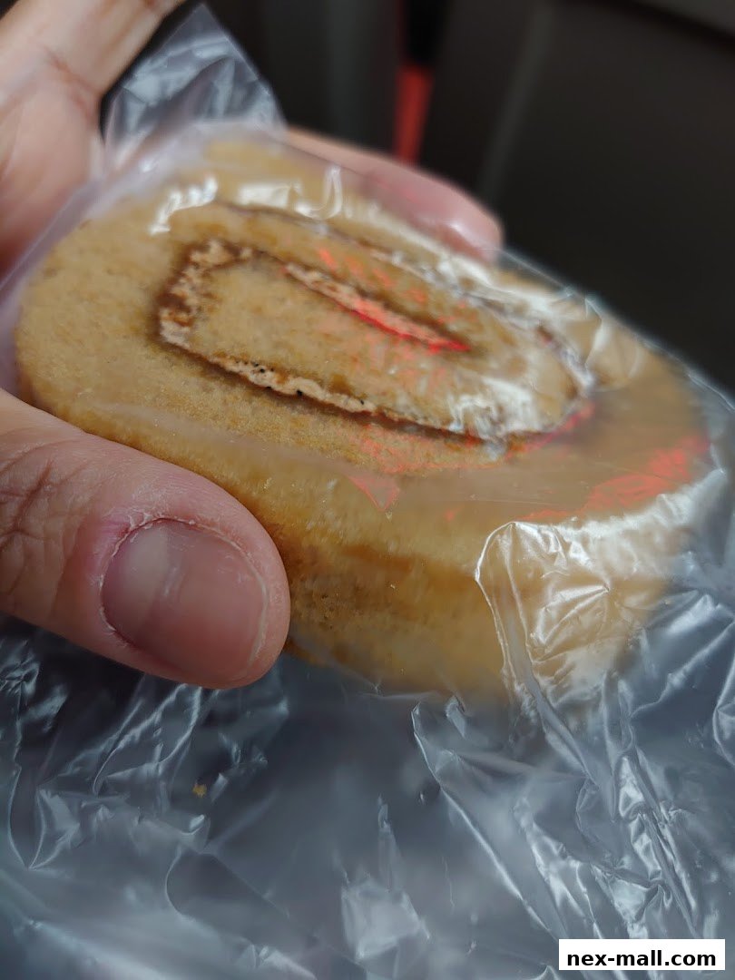 A hand holds a freshly baked Swiss roll cake, wrapped in clear plastic.