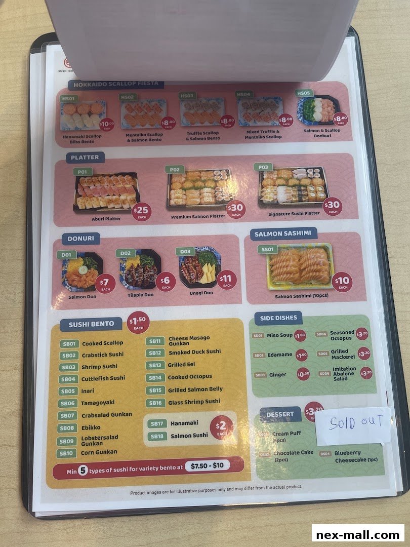 A menu from Sushi Express featuring various sushi platters, bentos, side dishes, and desserts.