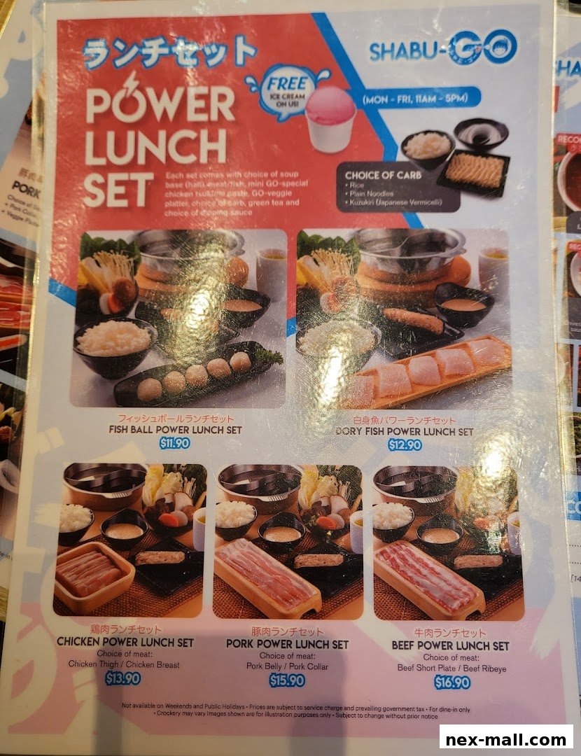 A menu showcasing various 'Power Lunch Sets' with different protein options and free ice cream.
