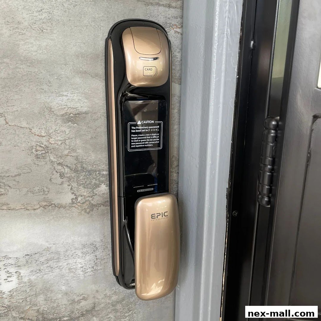 A close-up of a modern, gold and black digital door lock with a card reader and caution label.