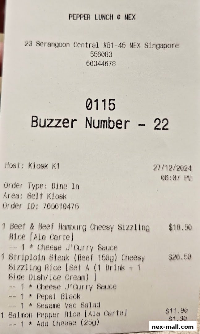 A receipt from Pepper Lunch showing food orders and prices.