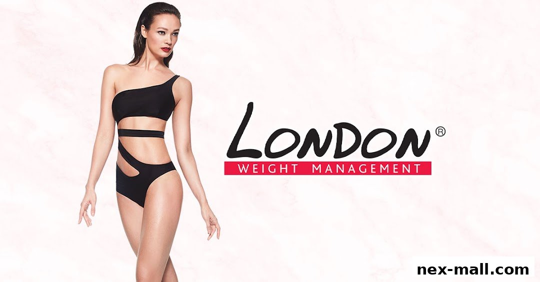 A woman in a stylish black swimsuit poses next to the London Weight Management logo.