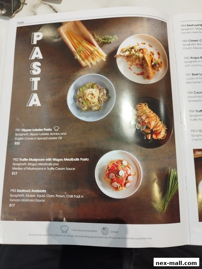 A menu page showcasing various pasta dishes with appealing descriptions and prices.
