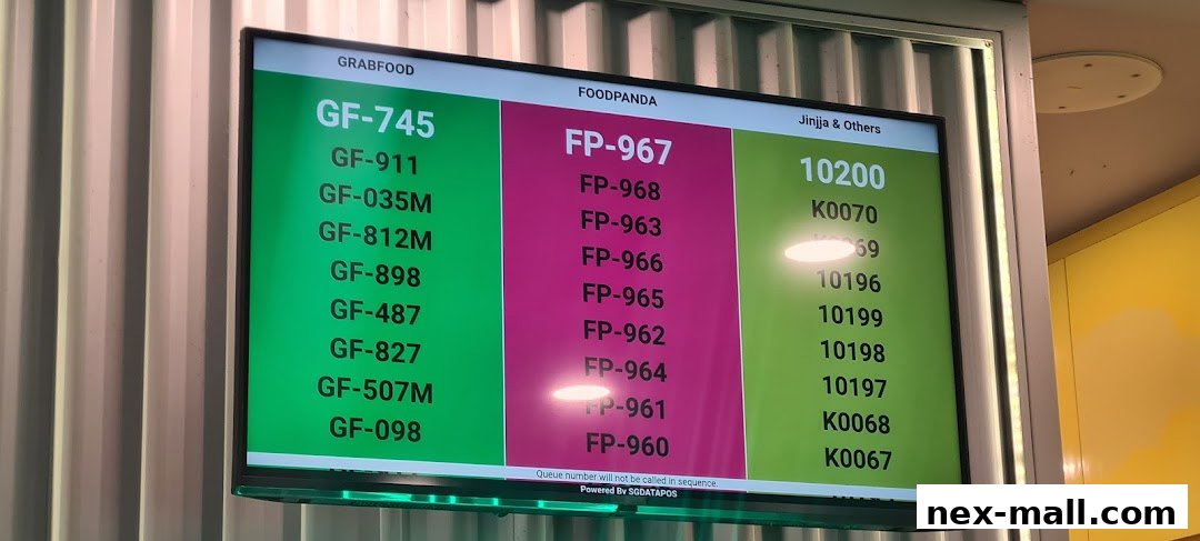 A digital screen displays queue numbers for GrabFood, Foodpanda, and Jinjia & Others.