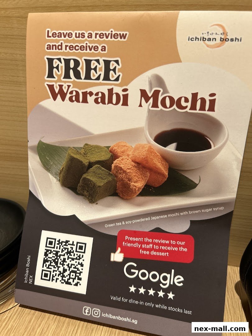 A promotional flyer offering free Warabi Mochi for leaving a Google review.