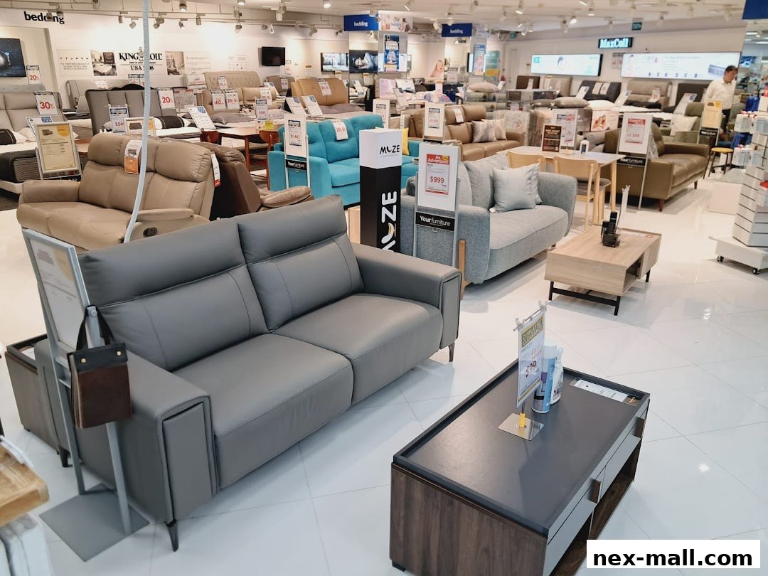 Interior view of a furniture store showcasing various sofas, beds, and coffee tables.