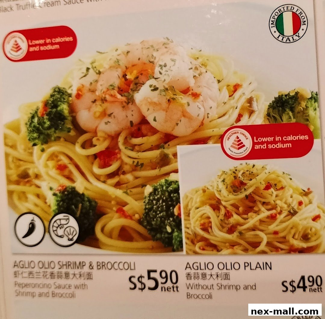 A close-up of two pasta dishes, Aglio Olio Shrimp & Broccoli and Aglio Olio Plain, with prices.
