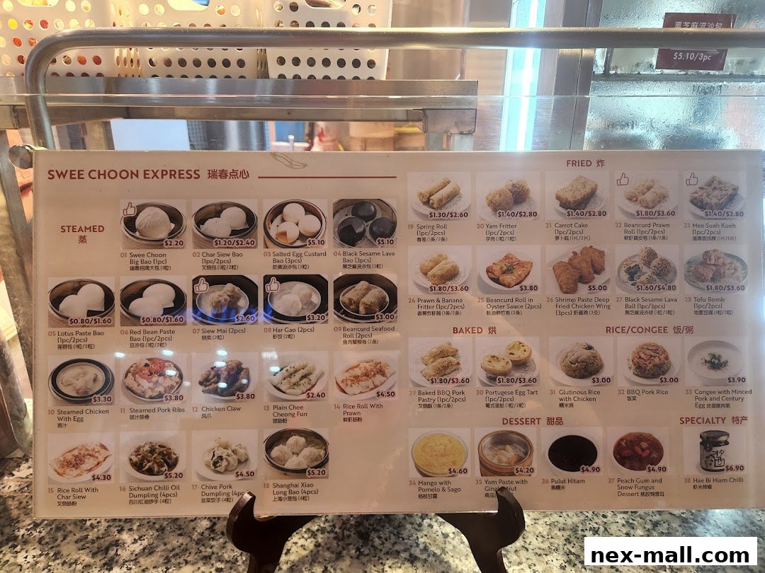 A menu board displaying various Chinese dim sum dishes with pictures and prices.