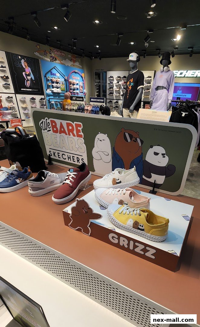 Skechers store display featuring 'We Bare Bears' themed sneakers and apparel.