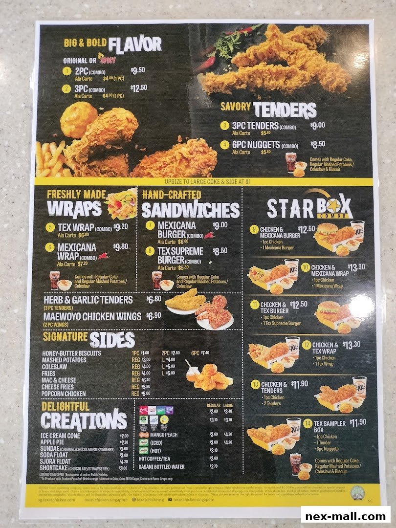 A menu for Texas Chicken NEX featuring fried chicken, tenders, wraps, burgers, sides, and desserts.