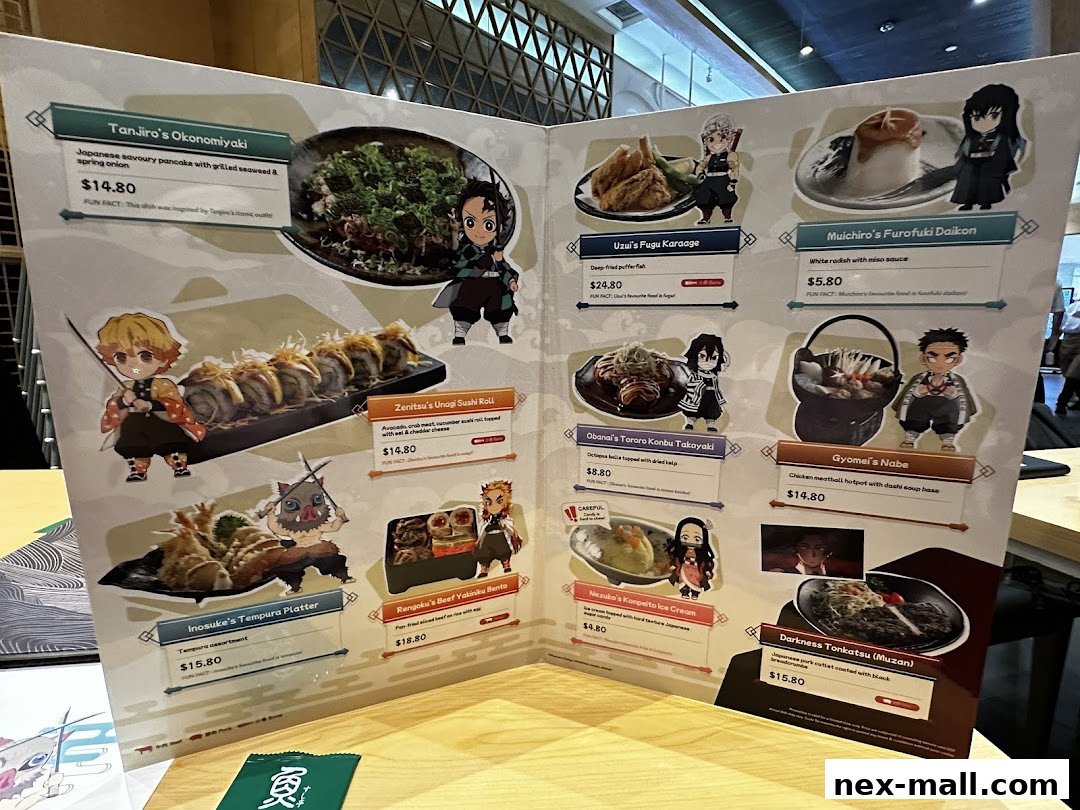 A menu from Sushi Tei featuring Japanese dishes inspired by Demon Slayer characters.