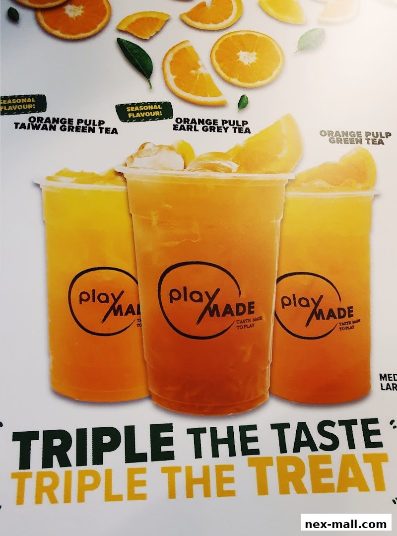 A vibrant display of three refreshing orange-flavored beverages from PlayMade, highlighting their 'Triple the Taste, Triple the Treat' slogan.