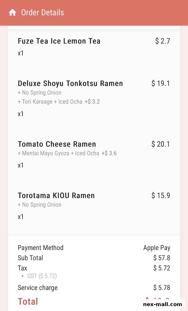 A digital order summary showing various ramen dishes and drinks with prices.