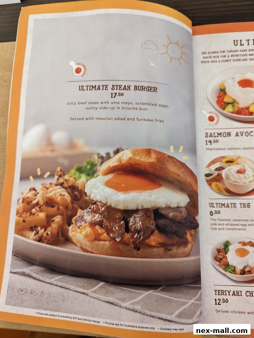 A menu page featuring a steak burger with fries and other dishes.