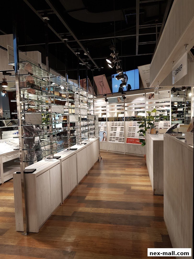 Interior view of an optical shop with shelves of eyeglasses and a cashier counter.