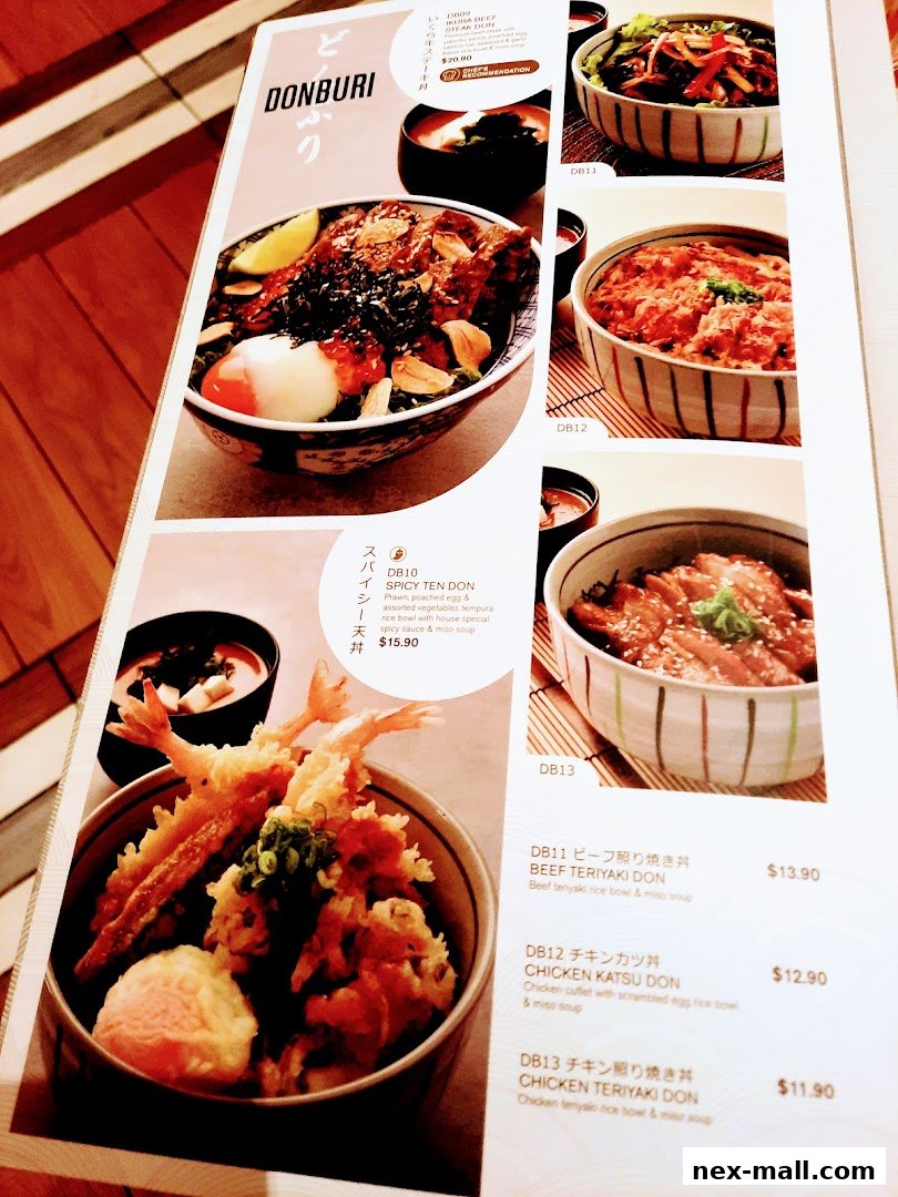 A menu page showcasing various Japanese donburi dishes with appetizing photos and descriptions.