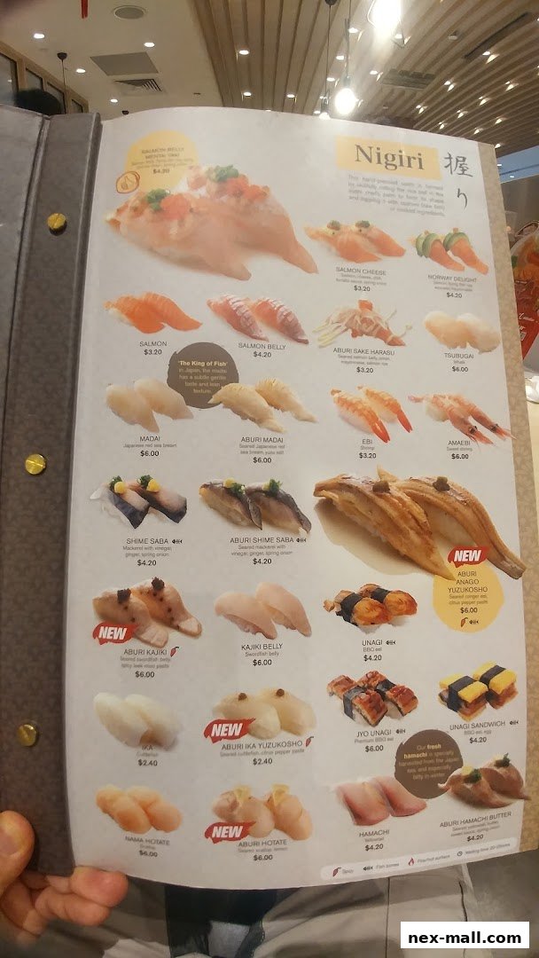 A menu showcasing various types of Nigiri sushi with detailed descriptions and prices.