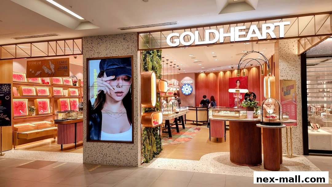 The Goldheart Jewelry store features a modern interior with illuminated displays and a large digital screen.