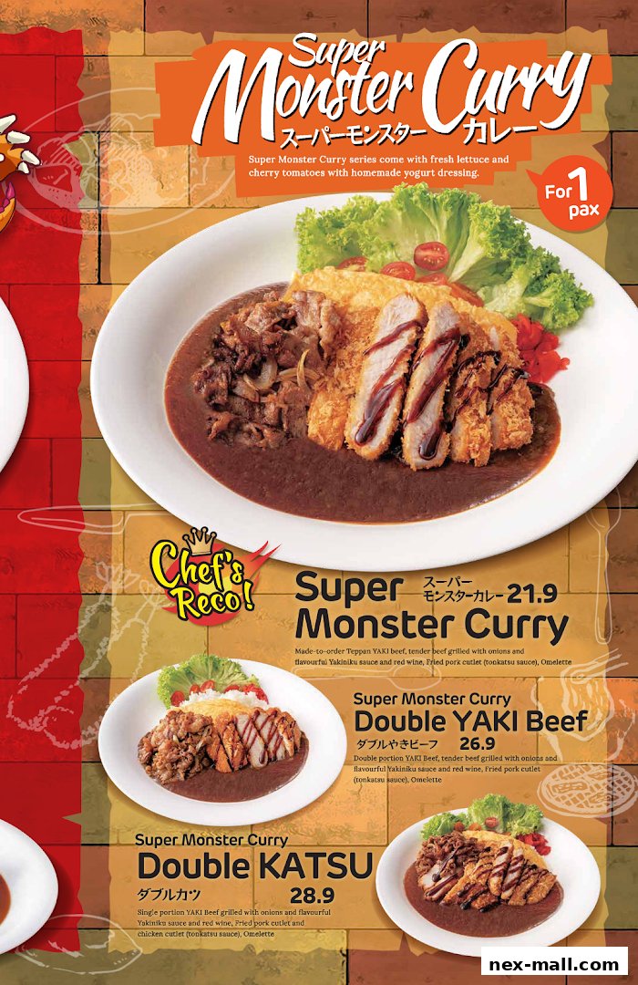 A menu showcasing Monster Curry dishes with descriptions and prices.
