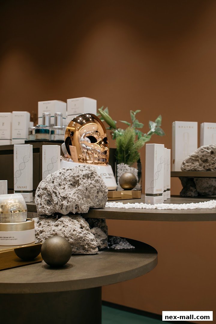 A retail display featuring skincare products with a golden skull and natural stone elements.