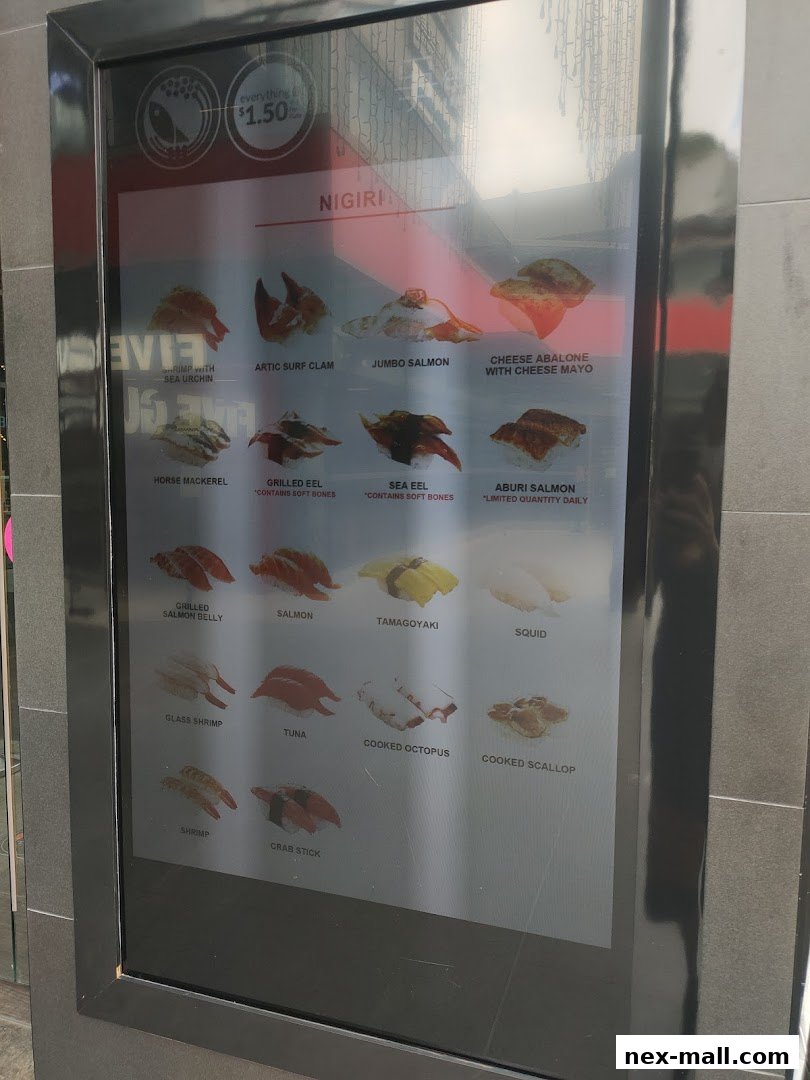 A digital menu displaying various types of nigiri sushi with images and names.