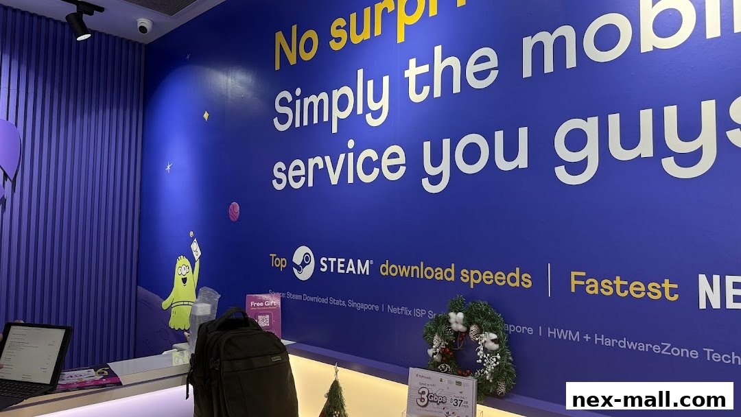 Interior of a MyRepublic store with a large blue wall featuring marketing slogans and graphics.