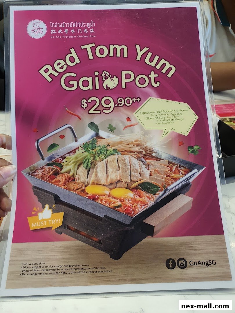A menu featuring the Red Tom Yum Gai Pot from Go-Ang Pratunam Chicken Rice.