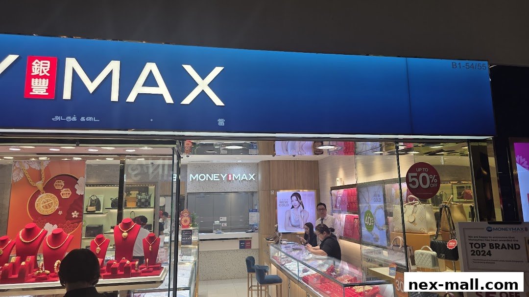 MoneyMax Pawnshop storefront displaying jewelry and handbags with a 'Up to 50% Off' sign.