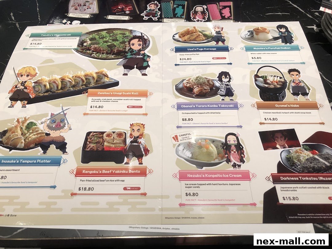 A menu featuring Japanese dishes inspired by anime characters, with colorful illustrations.