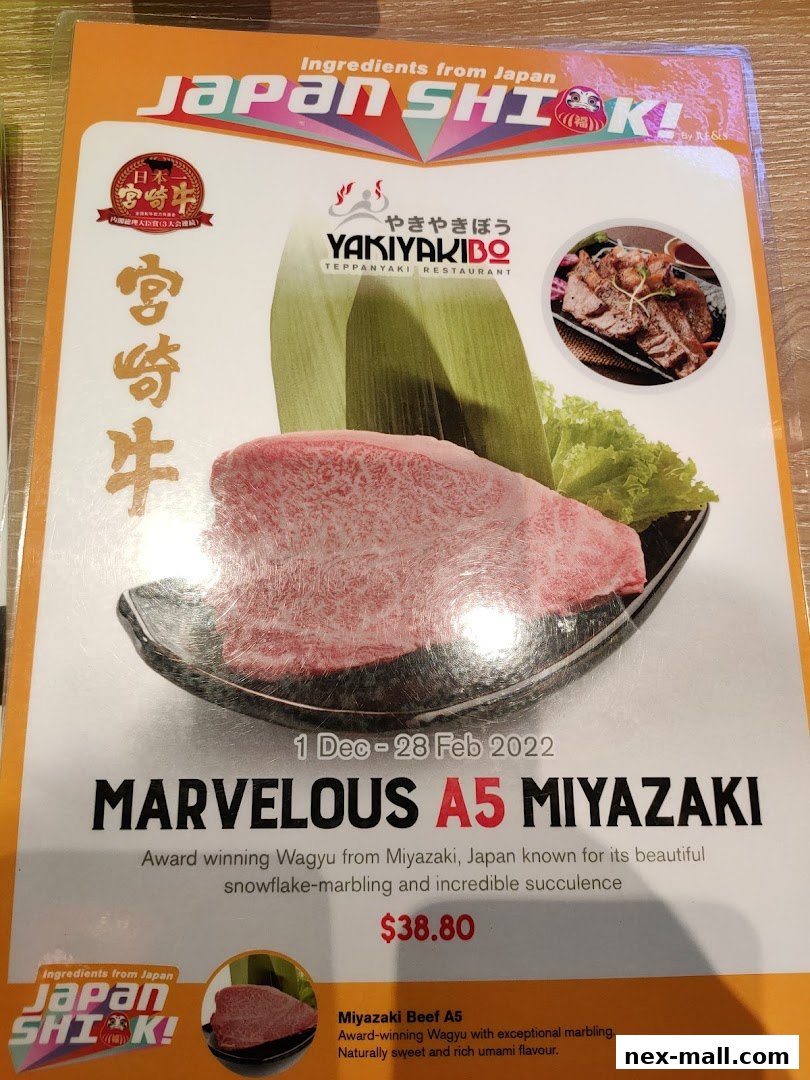 A menu featuring Marvelous A5 Miyazaki Wagyu beef with marbling and succulence.