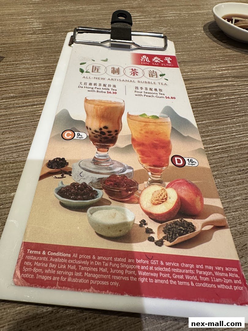 A menu featuring two artisanal bubble teas from Din Tai Fung.