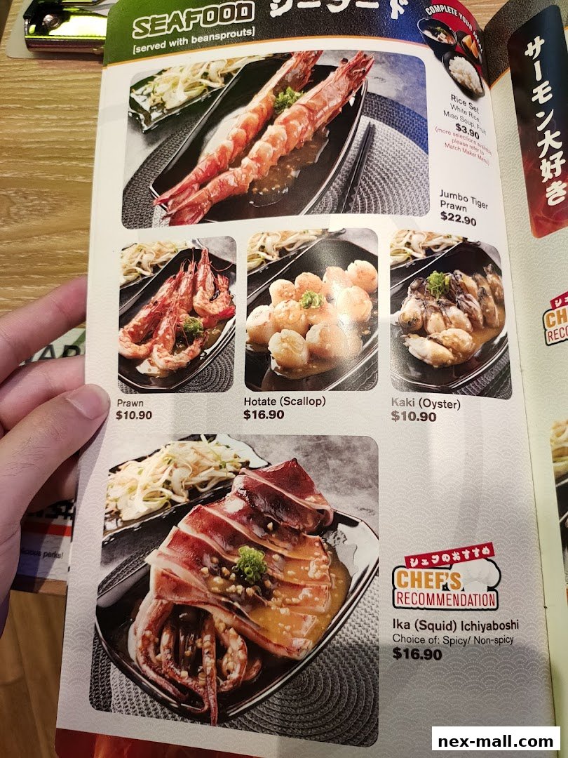 A menu page showcasing various seafood dishes with prices and descriptions.