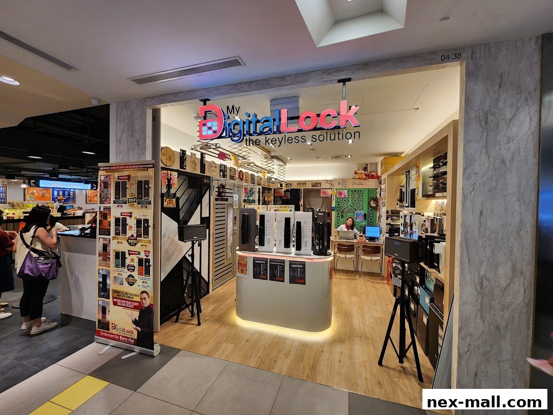 The entrance of 'My Digital Lock' shop, showcasing various digital door locks and security solutions.