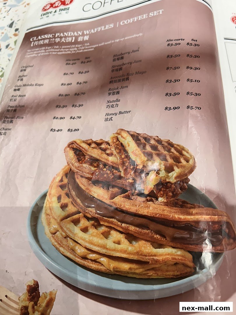 A menu featuring classic pandan waffles with various fillings and coffee sets.