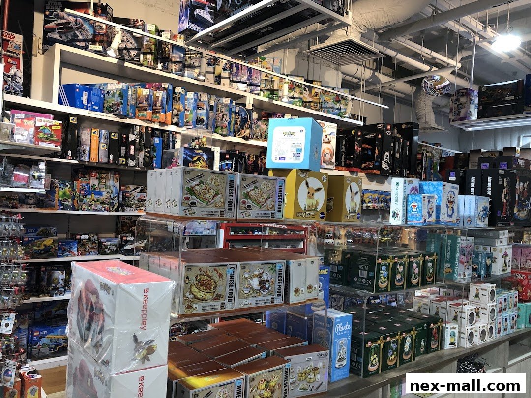 A retail shop interior filled with shelves of toys, collectibles, and gift items.