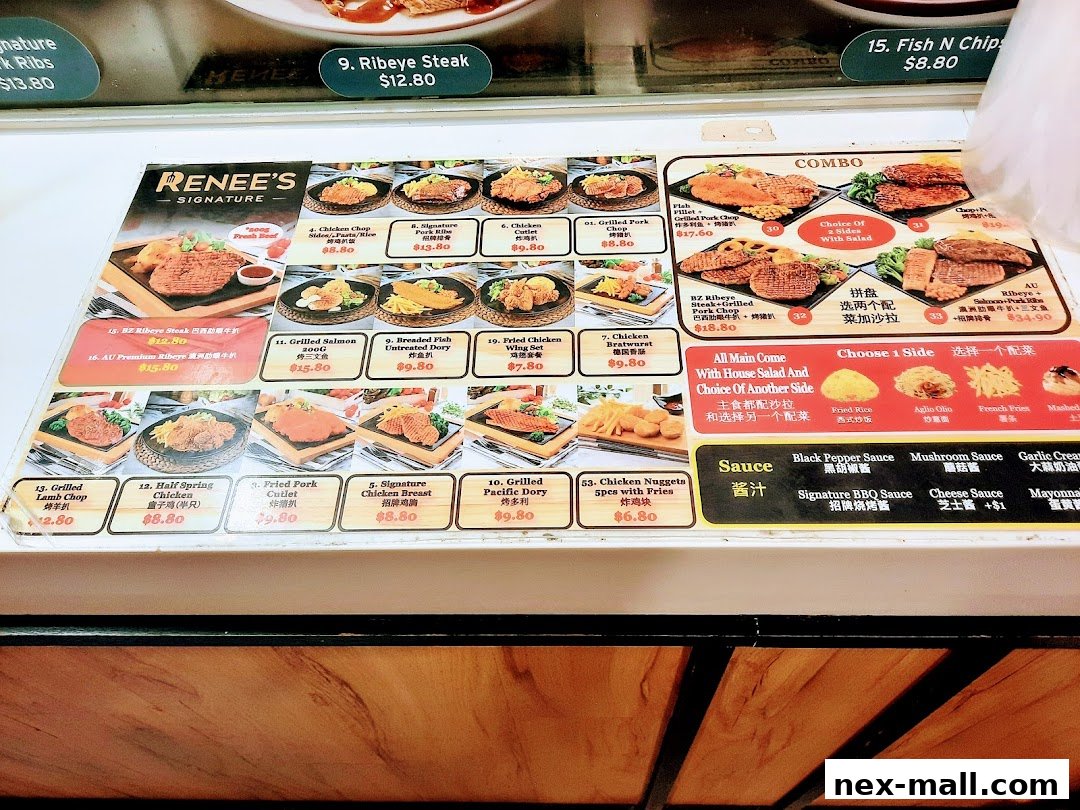A menu from Renee's Signature featuring various grilled and fried meat and fish dishes with sides and sauces.