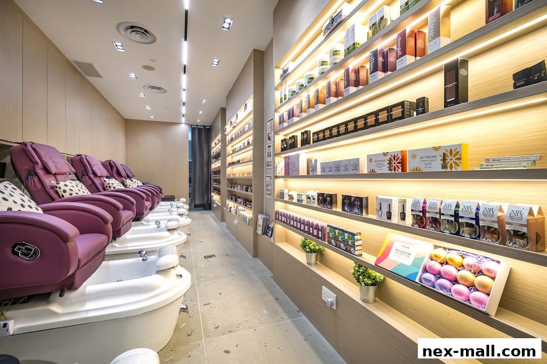 Interior of a nail spa with plush pedicure chairs and shelves stocked with beauty products.
