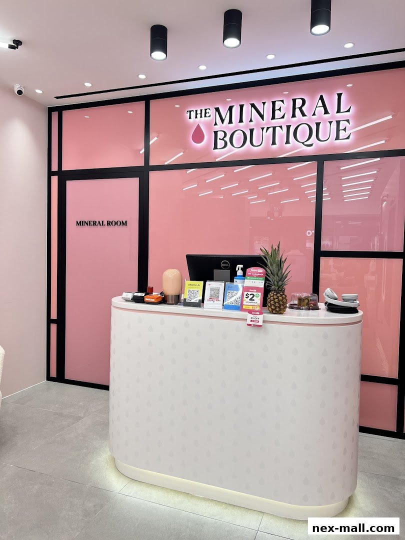 The reception desk of The Mineral Boutique, featuring a pink interior and a white counter with products.