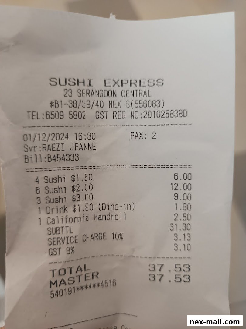 A receipt from Sushi Express showing a breakdown of sushi, drinks, and charges.