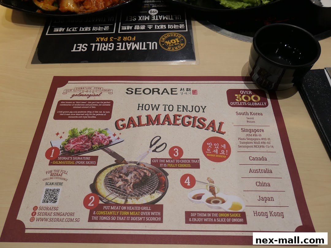 A placemat detailing how to enjoy Galmaegisal, a signature pork skirt dish at Seorae.